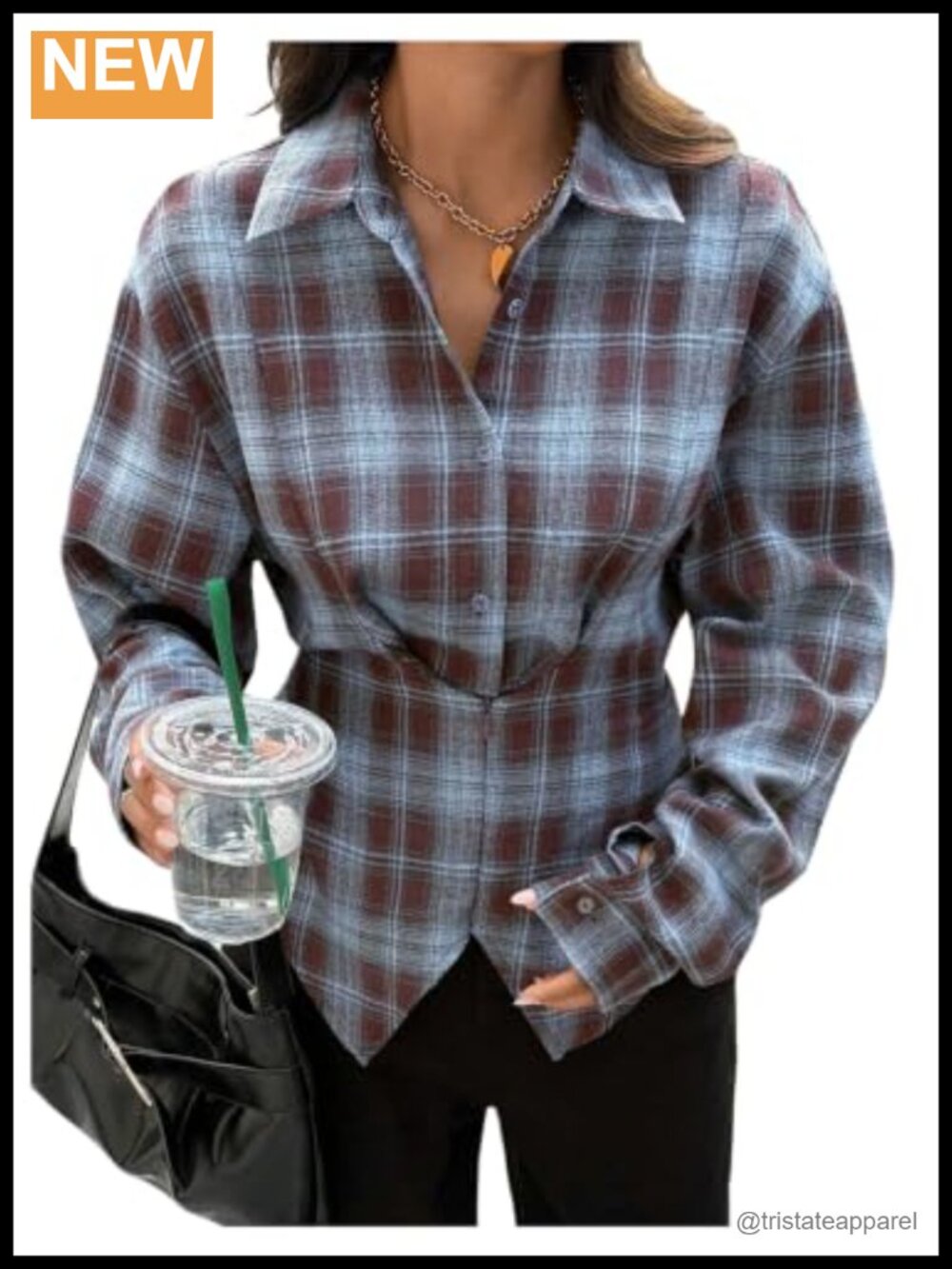 Plaid Flannel Button Down Shirt Long Sleeve Asymmetrical Blouse Streetwear
